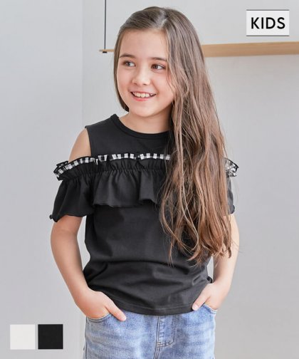 キッズ 120-150 Tシャツ オープンショルダー フリル ギンガム プルオーバー 女の子 キッズオリジナル 子供服 メール便可 mrb coca コカ