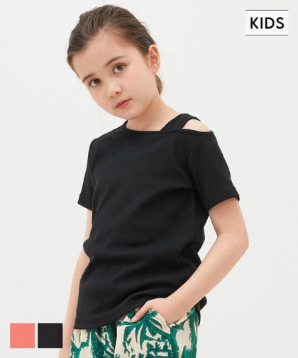 キッズ 110-140 Tシャツ リブ 肩出し アシンメトリー オープンショルダー 無地 半袖 女の子 キッズオリジナル 子供服 メール便可 coca コカ