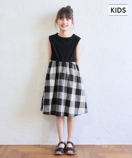 キッズ 110-140 ドッキングワンピース ブロックチェック ノースリーブ リブ 半袖 女の子 キッズオリジナル 子供服 メール便可 coca コカ