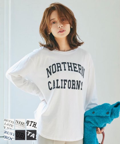 セール★990円→550円 ロングTシャツ レディース プリント アソートロゴ テールカット ビッグシルエット クルーネック ミディアム丈 コットン メール便不可 23aw coca コカ